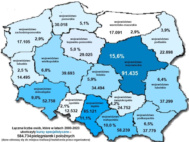 mapa Polski w podziale na województwa z wpisanymi liczbami absolwentów kursów specjalistycznych