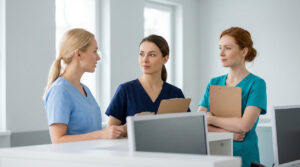 Trzy pielęgniarki (blondynka, brunetka i szatynka) rozmawiające przy stanowisku medycznym w nowoczesnym szpitalu.