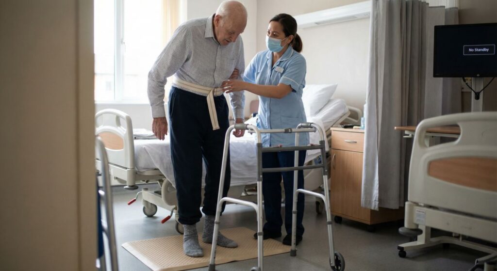 Pielęgniarka w maseczce pomaga starszemu mężczyźnie wstać z łóżka i chodzić przy balkoniku w sali szpitalnej, co ilustruje pracę i kompetencje specjalisty w pielęgniarstwie geriatrycznym.