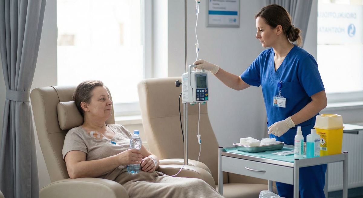 Pielęgniarka onkologiczna w niebieskim uniformie ustawia pompę infuzyjną podczas podawania kroplówki pacjentce siedzącej w fotelu, ilustrując specjalistyczną opiekę i wsparcie w trakcie leczenia przeciwnowotworowego.