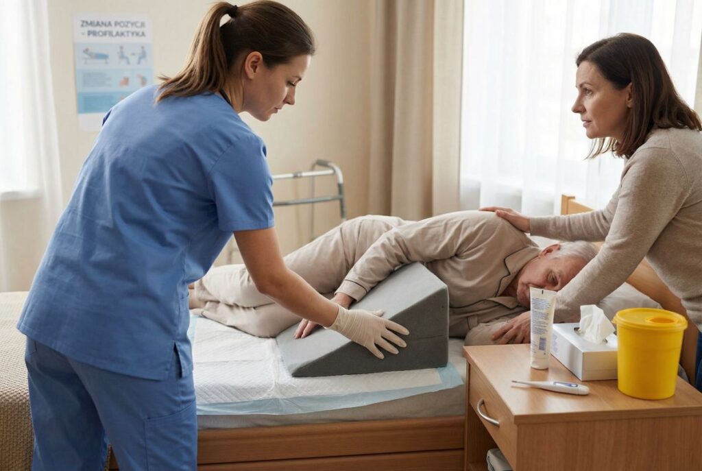 Pielęgniarka w niebieskim uniformie wraz z bliską opiekunką zmienia pozycję starszego pacjenta leżącego na boku przy użyciu klinowej poduszki, co ilustruje codzienną opiekę i profilaktykę odleżyn w opiece długoterminowej.