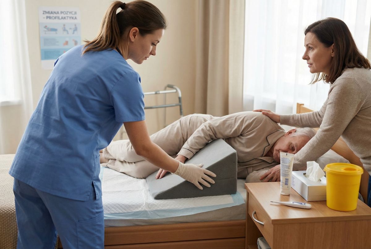 Pielęgniarka w niebieskim uniformie wraz z bliską opiekunką zmienia pozycję starszego pacjenta leżącego na boku przy użyciu klinowej poduszki, co ilustruje codzienną opiekę i profilaktykę odleżyn w opiece długoterminowej.