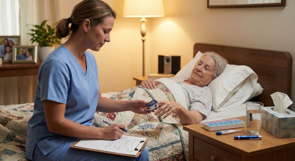 Pielęgniarka w niebieskim uniformie mierzy saturację palcem pulsoksymetru u starszej pacjentki leżącej w łóżku, zapisując wyniki na karcie, obok łóżka stoją leki, szklanka wody i chusteczki, co ilustruje domową opiekę paliatywną.