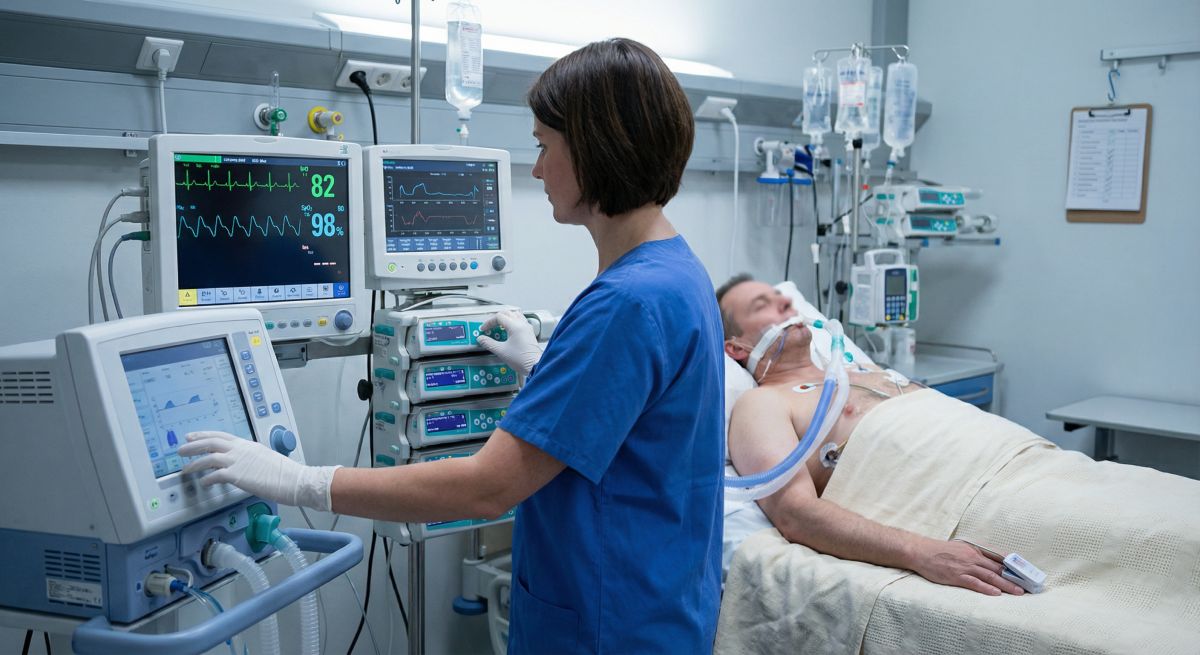 Pielęgniarka specjalistka anestezjologiczna i intensywnej opieki obsługuje respirator oraz pompy infuzyjne przy łóżku zaintubowanego pacjenta na OIT, co ilustruje zakres jej kompetencji, wykonywanych świadczeń i odpowiedzialności.