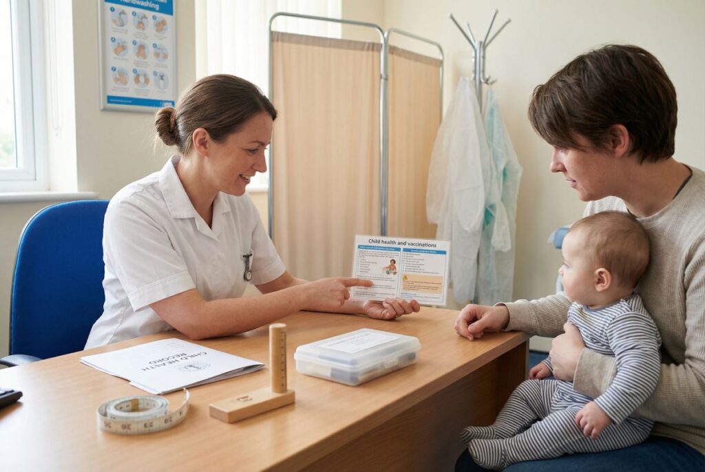 Pielęgniarka pediatryczna w gabinecie pokazuje rodzicowi trzymającemu niemowlę ulotkę o zdrowiu dziecka i szczepieniach, na biurku leżą narzędzia do badania, co ilustruje kompetencje i edukacyjną rolę specjalisty w pielęgniarstwie pediatrycznym.