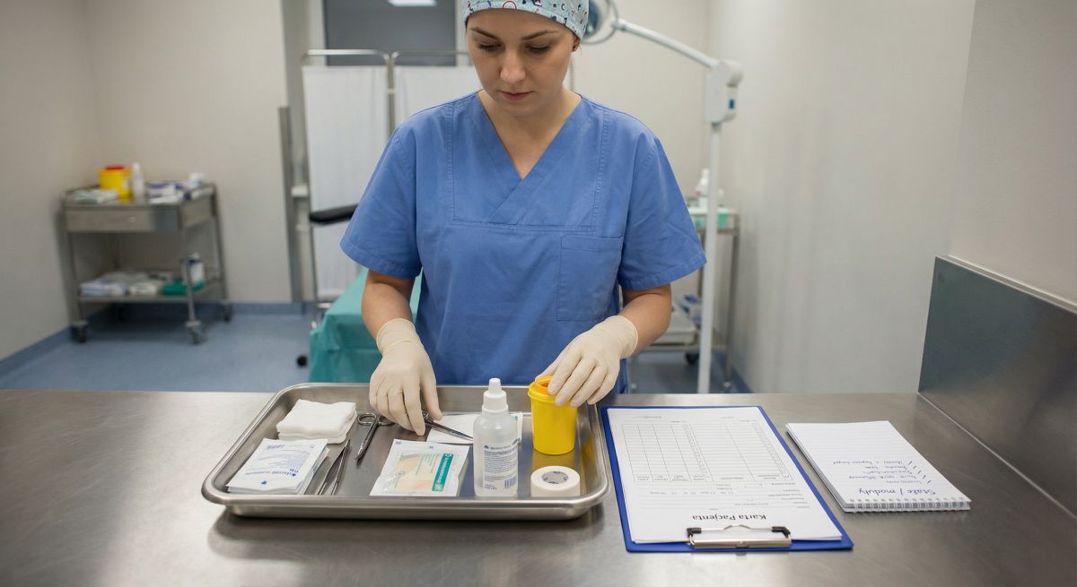 Pielęgniarka w niebieskim uniformie przygotowuje zestaw jałowych narzędzi i materiałów opatrunkowych na metalowej tacy w sali zabiegowej, co ilustruje praktyczną stronę specjalizacji w pielęgniarstwie chirurgicznym – moduły, staże i przygotowanie do egzaminu.