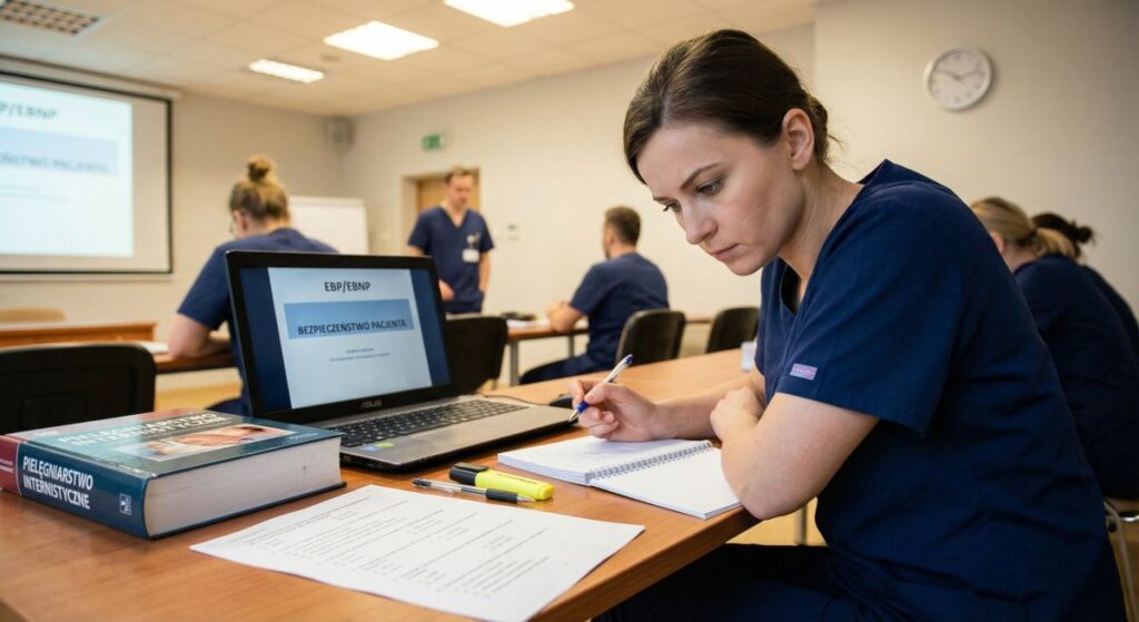 Pielęgniarka w granatowym stroju medycznym siedzi w sali szkoleniowej, robi notatki przy laptopie z prezentacją „bezpieczeństwo pacjenta”, co ilustruje specjalizację z pielęgniarstwa internistycznego i naukę w trakcie szkolenia.