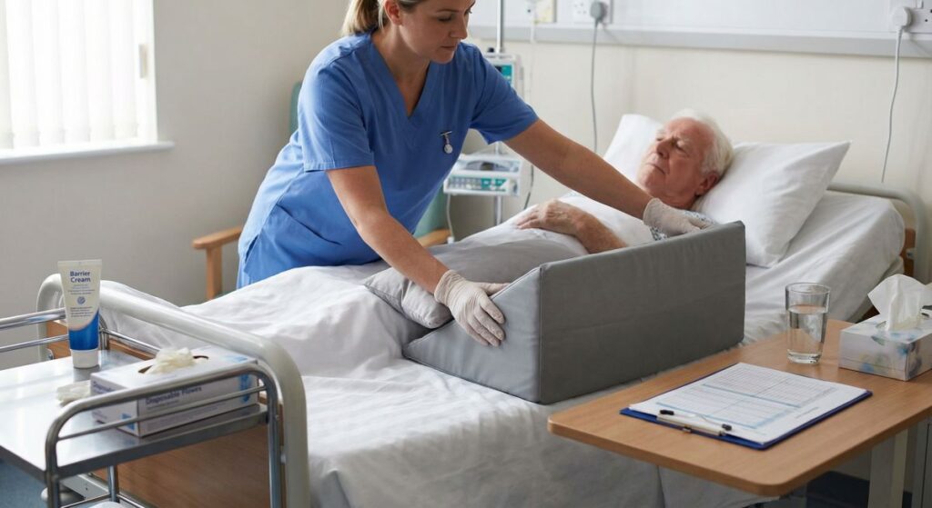 Pielęgniarka w niebieskim uniformie ustawia klin pod plecami starszego pacjenta leżącego w łóżku szpitalnym, co ilustruje praktyczne umiejętności zdobywane w specjalizacji z pielęgniarstwa internistycznego przy łóżku chorego.
