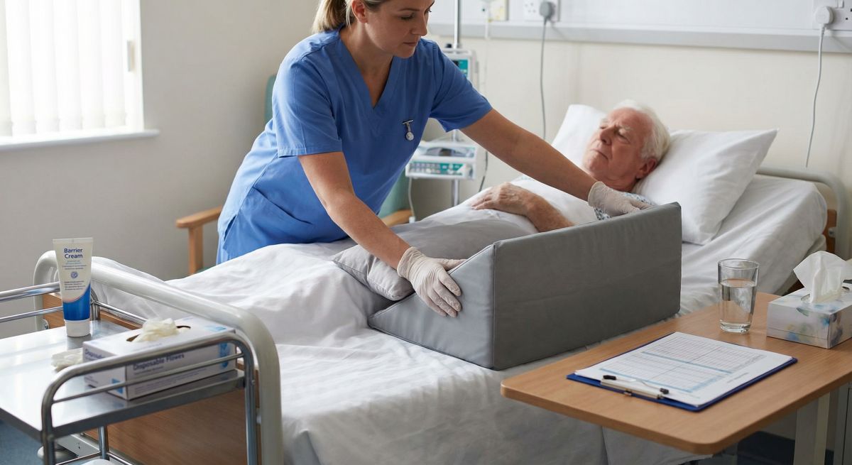 Pielęgniarka w niebieskim uniformie ustawia klin pod plecami starszego pacjenta leżącego w łóżku szpitalnym, co ilustruje praktyczne umiejętności zdobywane w specjalizacji z pielęgniarstwa internistycznego przy łóżku chorego.