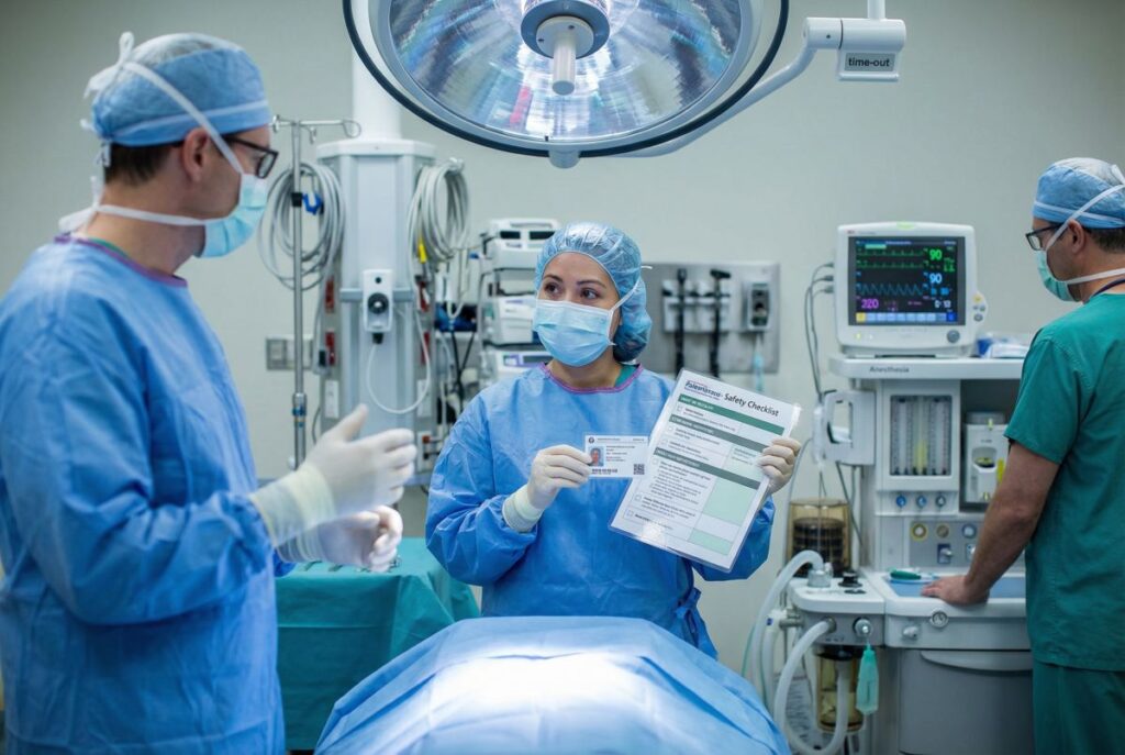 Zespół na bloku operacyjnym, pielęgniarka instrumentariuszka w niebieskim stroju i masce trzyma checklistę bezpieczeństwa i identyfikator, rozmawiając z chirurgiem nad pacjentem przygotowanym do zabiegu, co ilustruje rolę specjalisty pielęgniarstwa operacyjnego w organizacji i bezpieczeństwie operacji.