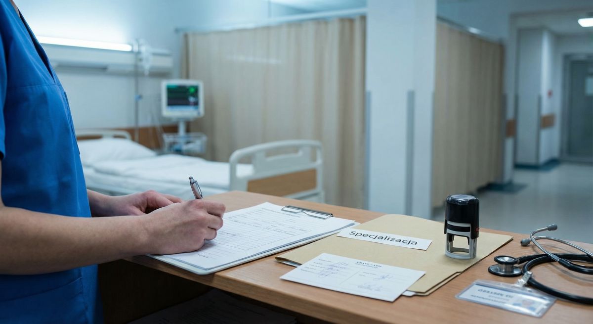 Pielęgniarka w niebieskim uniformie wypełnia dokumentację na stanowisku przy łóżku szpitalnym, obok leżą teczka opisana „Specjalizacja”, pieczątka i stetoskop, co symbolizuje rozwój zawodowy w pielęgniarstwie pediatrycznym.