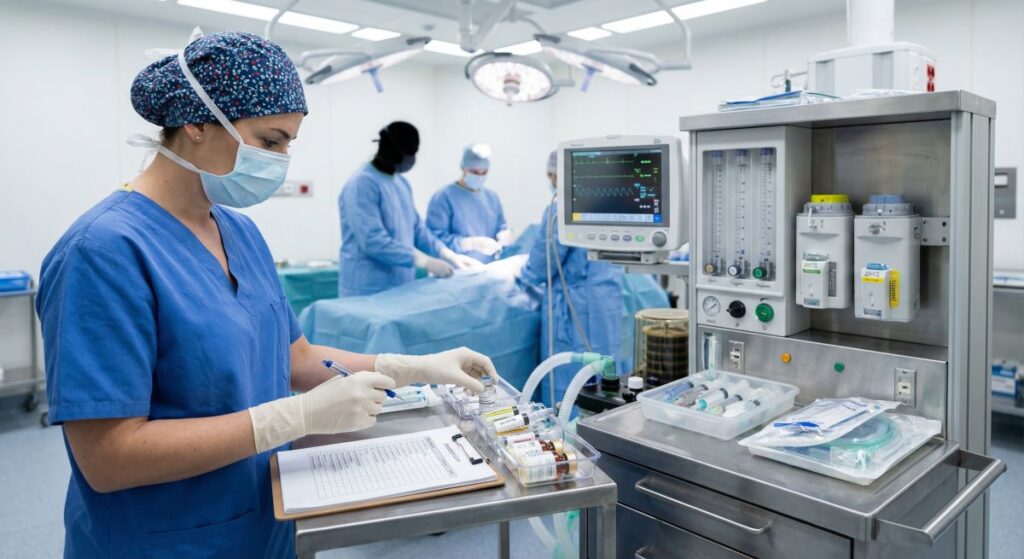 Pielęgniarka anestezjologiczna w masce i fartuchu przygotowuje leki przy stole z aparaturą do znieczulenia, w tle zespół operacyjny wykonuje zabieg, co ilustruje specjalizację w pielęgniarstwie anestezjologicznym i intensywnej opiece krok po kroku