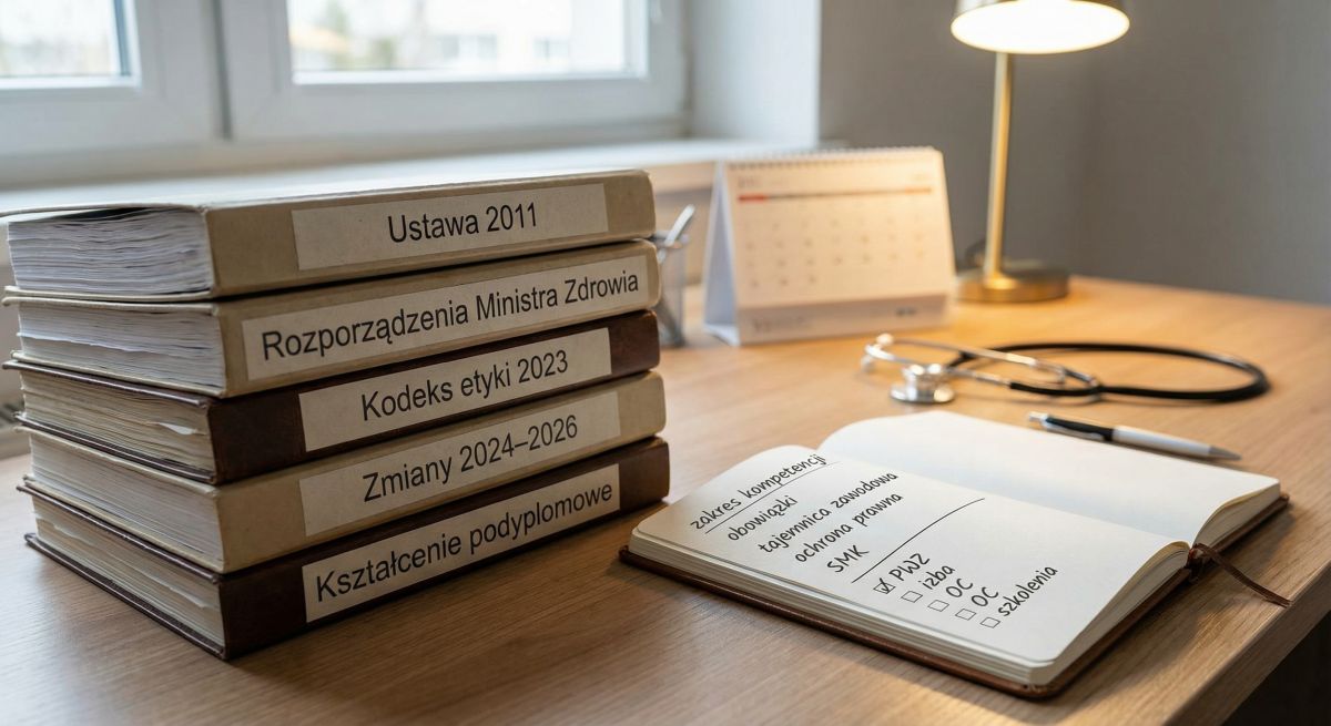 Stos segregatorów z etykietami „Ustawa 2011”, „Rozporządzenia Ministra Zdrowia”, „Kodeks etyki 2023”, „Zmiany 2024–2026” i „Kształcenie podyplomowe”; obok notatnik z listą kompetencji, stetoskop i kalendarz na biurku.