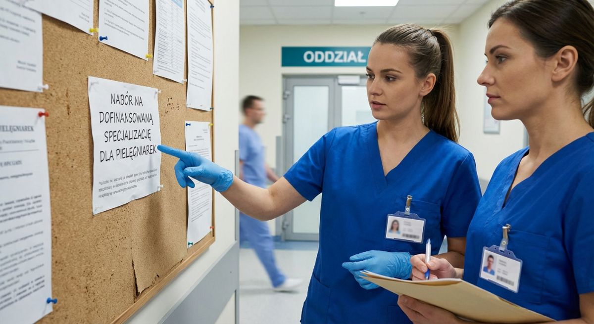 Pielęgniarki czytają ogłoszenie naboru na kurs specjalistyczny z dofinansowaniem