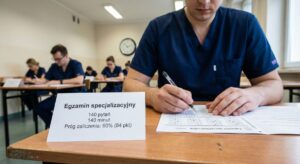 Osoba w medycznym uniformie wypełnia arkusz testowy podczas egzaminu specjalizacyjnego; na stoliku kartka z informacją o liczbie pytań, czasie i progu zaliczenia, w tle inni zdający.