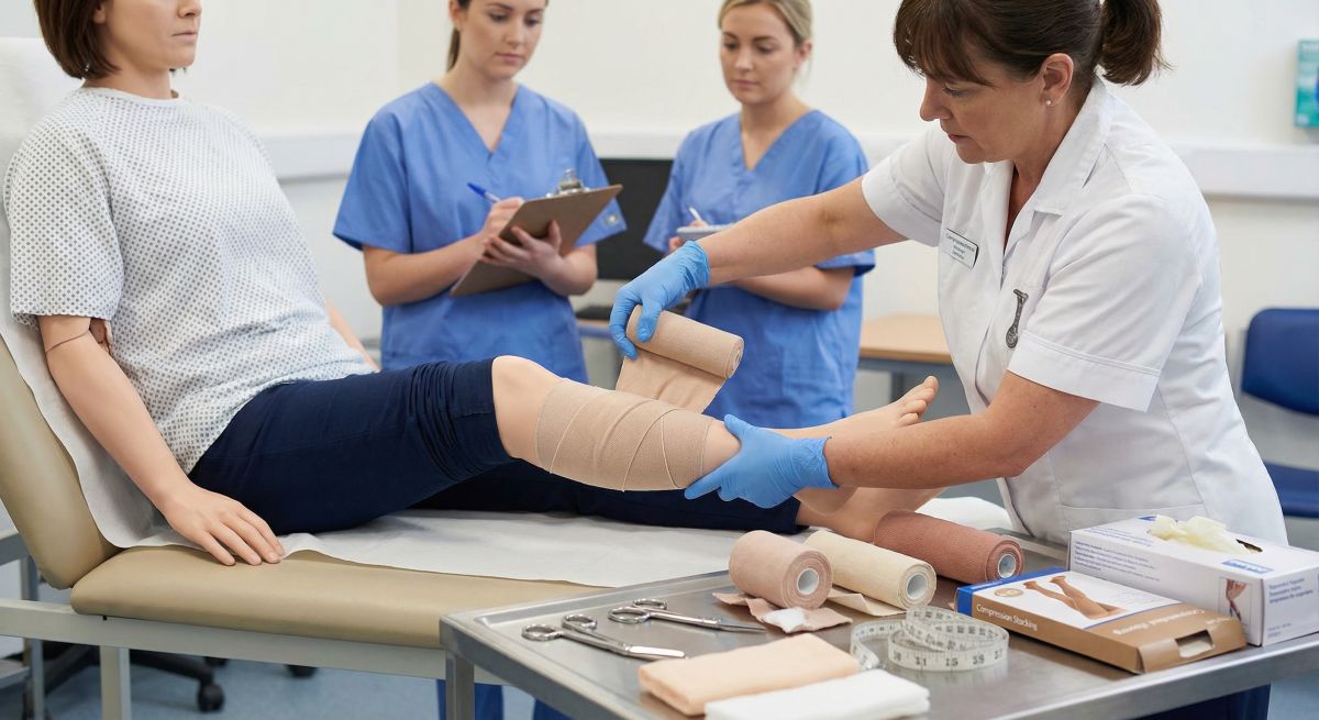 Zakładanie opatrunku uciskowego nogi podczas kursu z kompresoterapii dla pielęgniarek