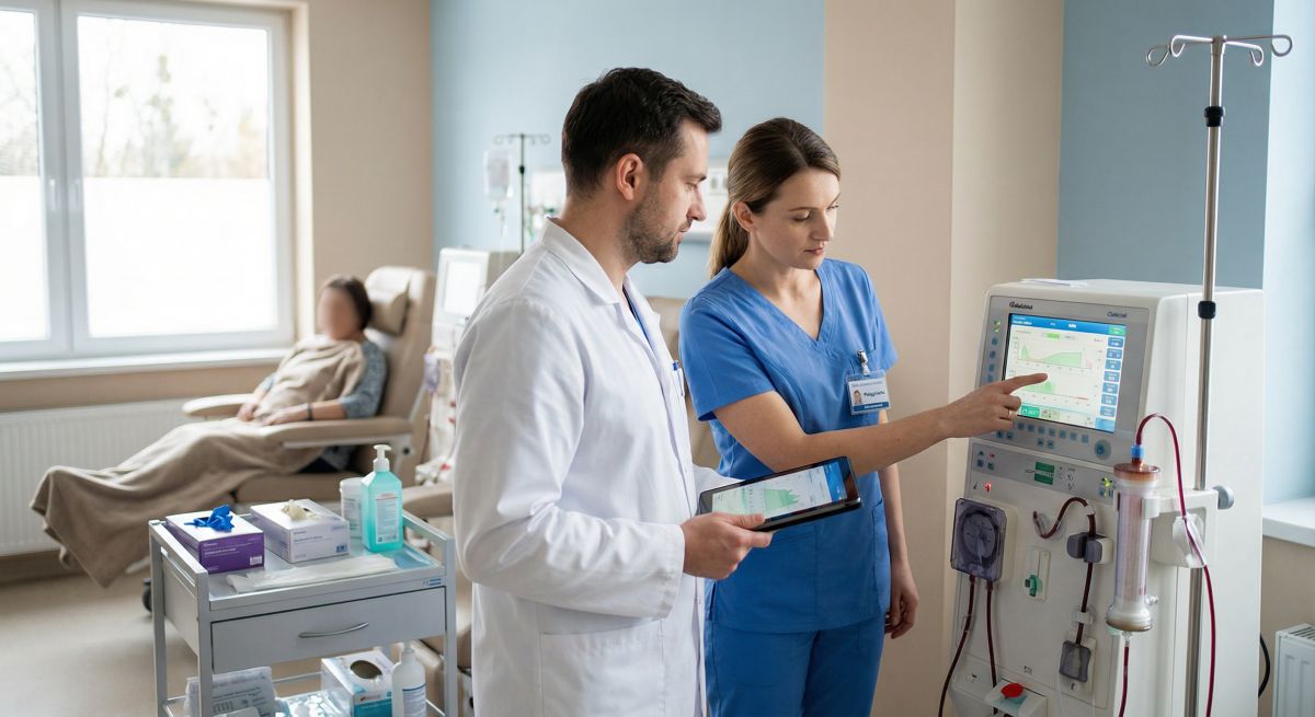 Pielęgniarka i lekarz omawiają ustawienia aparatu do hemodializy podczas szkolenia z dializoterapii, w tle pacjentka siedzi w fotelu podłączona do maszyny.