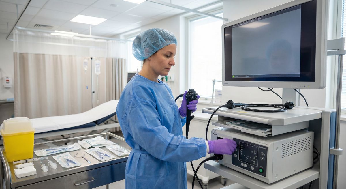 Pielęgniarka w sali endoskopowej przygotowuje aparat i stanowisko do badania endoskopowego.