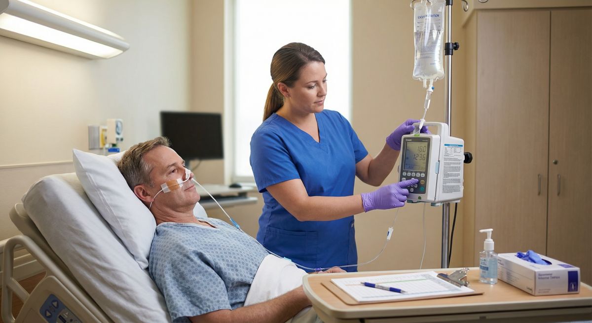 Pielęgniarka ustawia pompę do żywienia dojelitowego u pacjenta z sondą w szpitalnym łóżku.