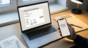 Na biurku laptop z formularzem „Wniosek na kurs kwalifikacyjny” oraz telefon z ekranem „Weryfikacja: Profil zaufany/mObywatel”; obok teczka z dokumentami rekrutacyjnymi i notatki.