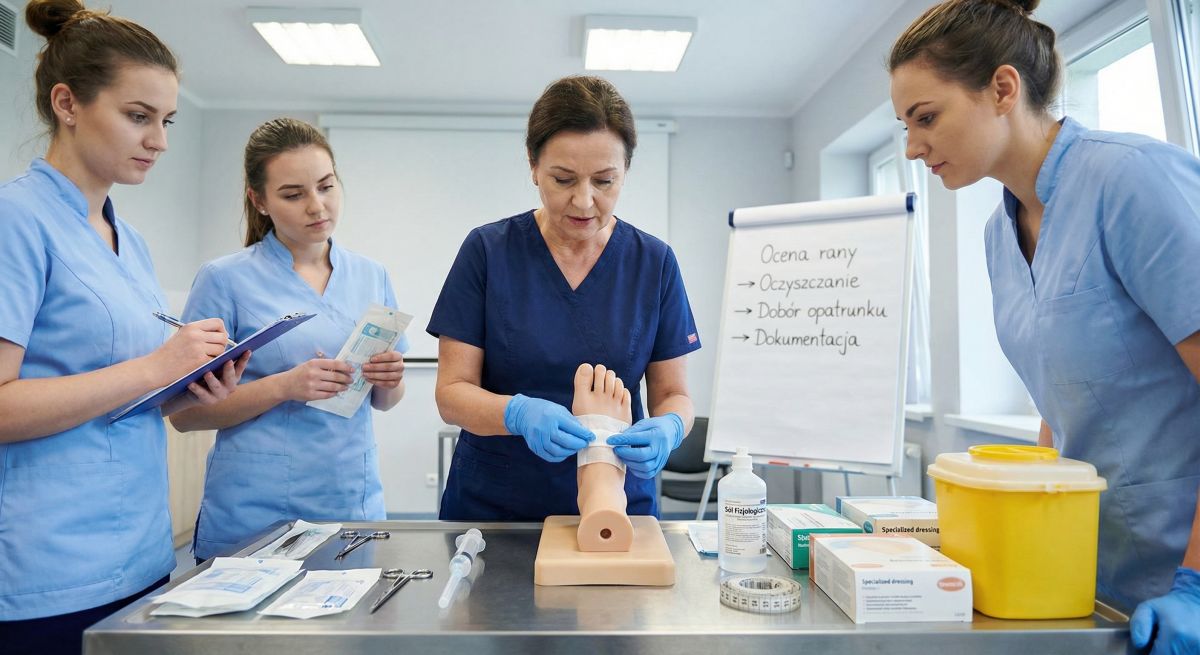 Instruktorka uczy opatrywania ran na kursie dla pielęgniarek
