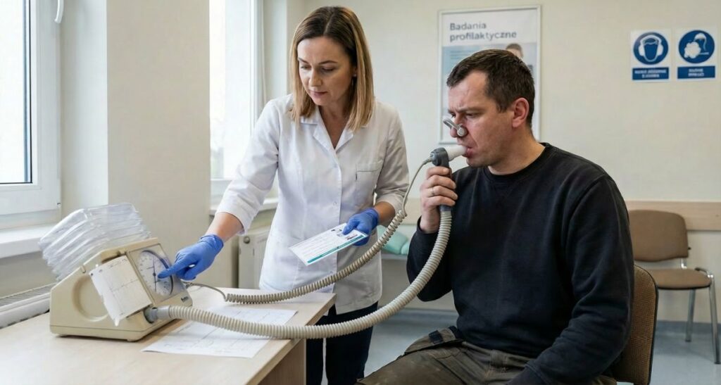 Badanie profilaktyczne w przychodni: pracowniczka medyczna w rękawiczkach obsługuje aparat do spirometrii, a mężczyzna siedzi i dmucha w ustnik z klipsem na nosie; na urządzeniu widać wydrukowany wykres.