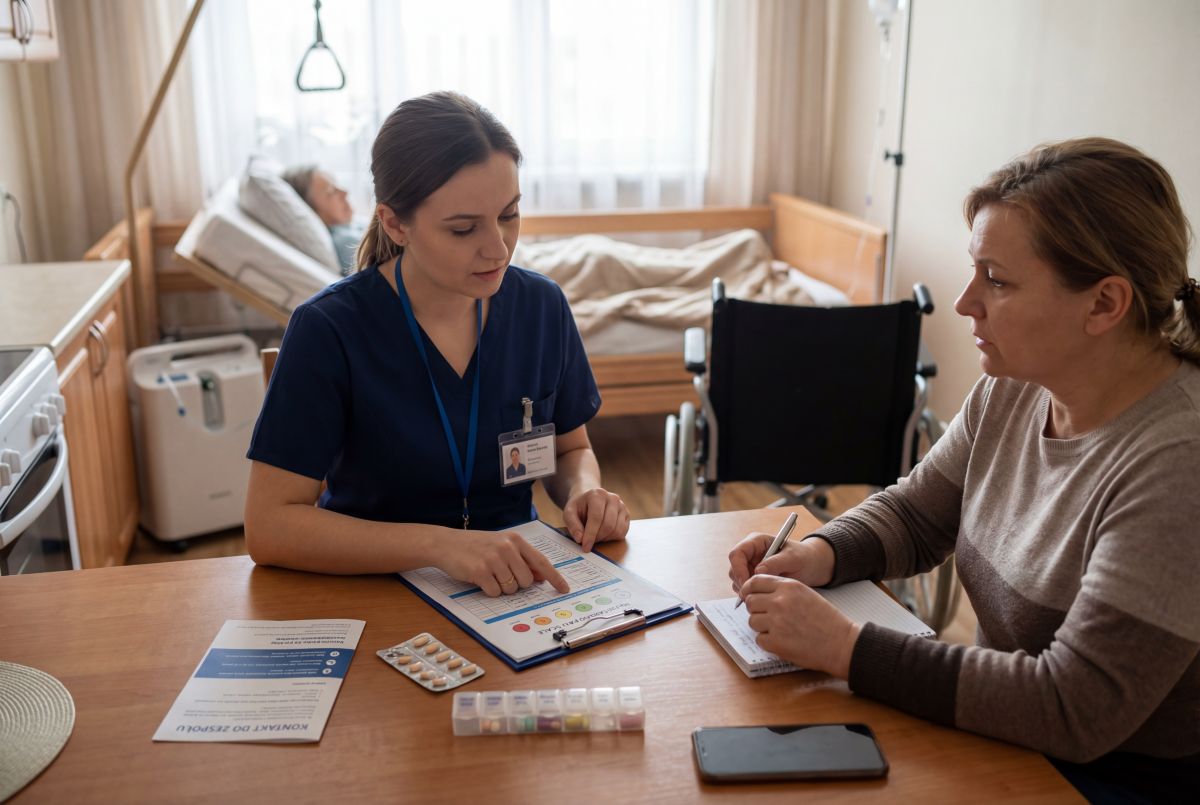 Pielęgniarka w granatowym uniformie omawia plan opieki z kobietą przy stole; w tle pacjent leży w łóżku, obok wózek inwalidzki i leki.