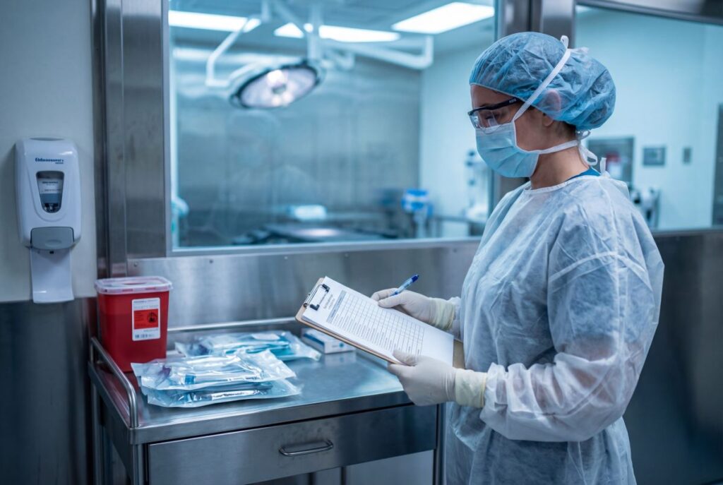 Pielęgniarka epidemiologiczna w jednorazowym fartuchu, maseczce i czepku kontroluje listę sterylnych narzędzi na bloku operacyjnym w szpitalu.