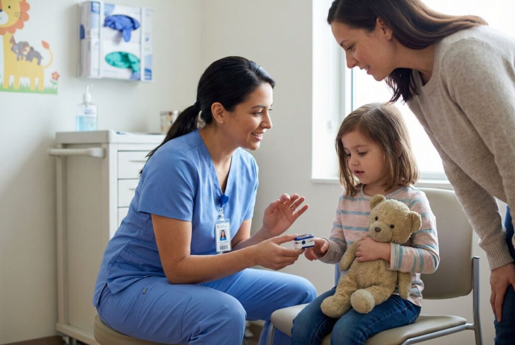 Pielęgniarka w niebieskim uniformie zakłada dziecku pulsoksymetr na palec; obok stoi mama, a dziecko trzyma pluszowego misia w gabinecie.