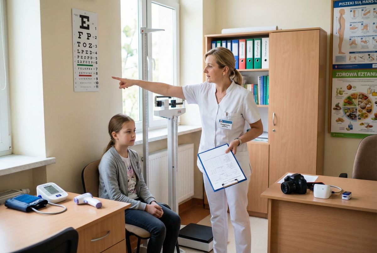Pielęgniarka szkolna wykonuje badanie przesiewowe wzroku u uczennicy w gabinecie profilaktycznym, wskazując na tablicę okulistyczną i prowadząc dokumentację na karcie zdrowia.