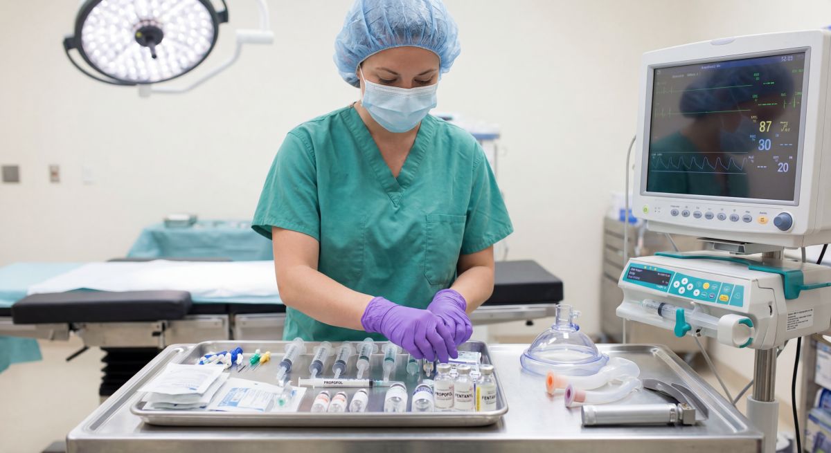 Pielęgniarka w zielonym stroju operacyjnym, maseczce i czepku przygotowuje leki oraz strzykawki na tacy w sali zabiegowej; obok stoi monitor parametrów życiowych i sprzęt do wentylacji (maska, rurki).