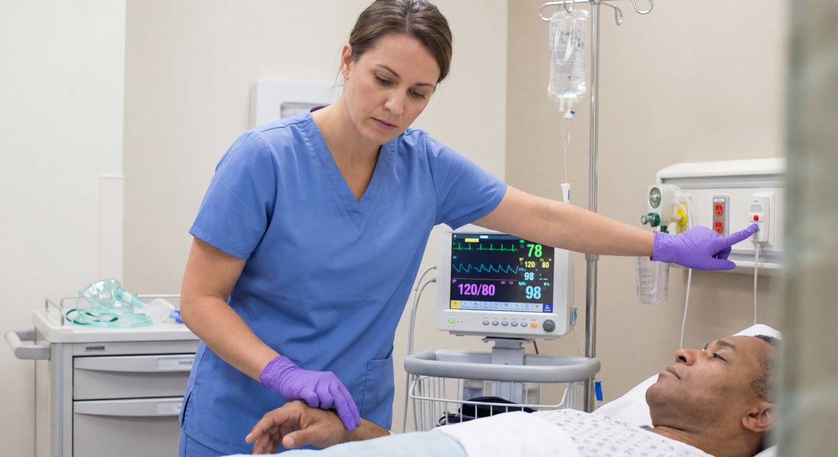 Pielęgniarka w niebieskim uniformie i fioletowych rękawiczkach opiekuje się pacjentem leżącym na łóżku szpitalnym; dotyka jego nadgarstka i obsługuje panel przy łóżku, a w tle widać monitor parametrów życiowych oraz kroplówkę.