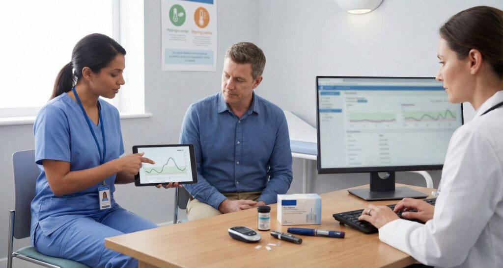 W gabinecie lekarskim pielęgniarka w niebieskim uniformie pokazuje na tablecie wykres glikemii siedzącemu pacjentowi; obok lekarka pracuje przy komputerze, a na biurku leżą glukometr, paski testowe i przybory do insulinoterapii.