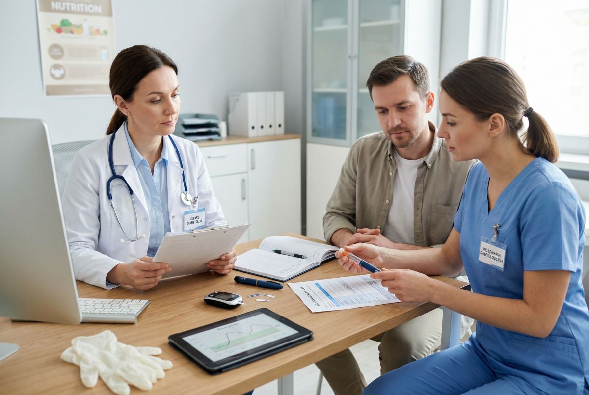 Pielęgniarka diabetologiczna pokazuje pacjentowi obsługę wstrzykiwacza insuliny podczas wizyty u lekarza.