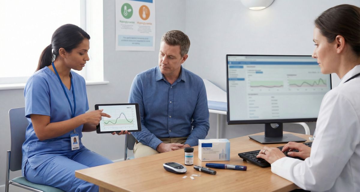 W gabinecie lekarskim pielęgniarka w niebieskim uniformie pokazuje na tablecie wykres glikemii siedzącemu pacjentowi; obok lekarka pracuje przy komputerze, a na biurku leżą glukometr, paski testowe i przybory do insulinoterapii.