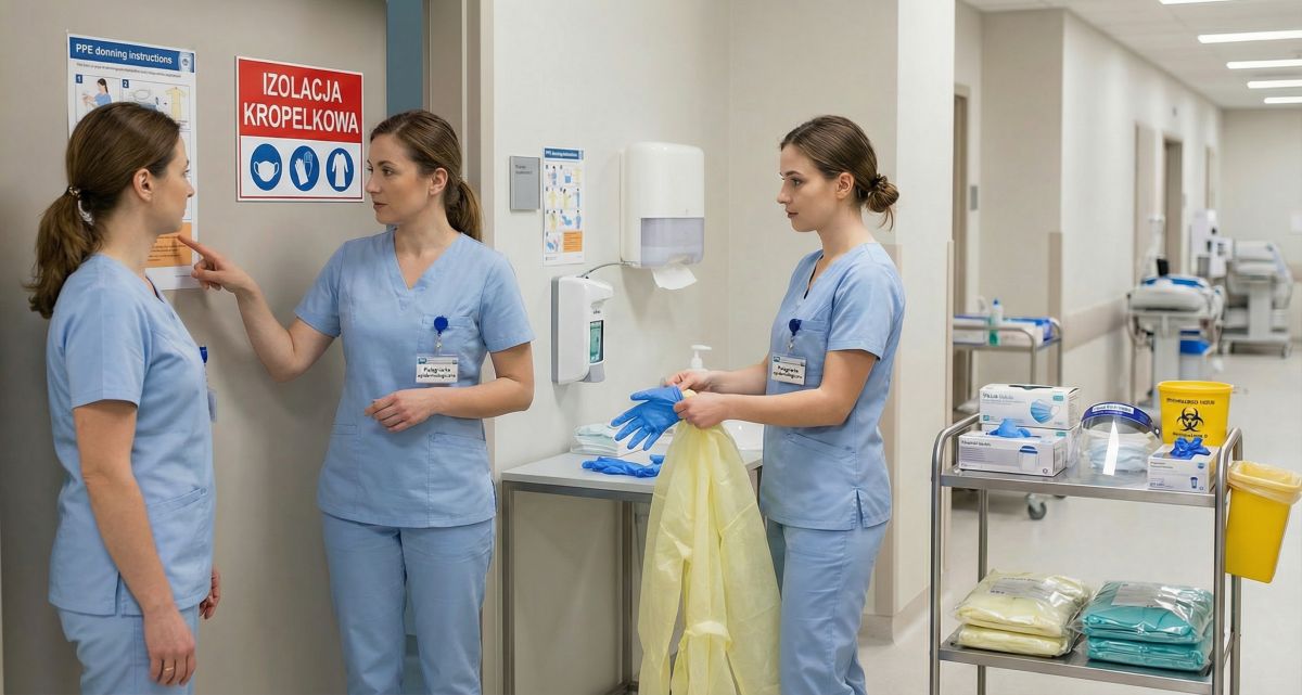 Szpitalny korytarz: trzy pielęgniarki w niebieskich uniformach omawiają zasady „izolacji kropelkowej” przy tablicy z instrukcjami, a jedna zakłada rękawiczki i trzyma żółty fartuch ochronny; obok wózek ze środkami ochrony i pojemnik na odpady medyczne.