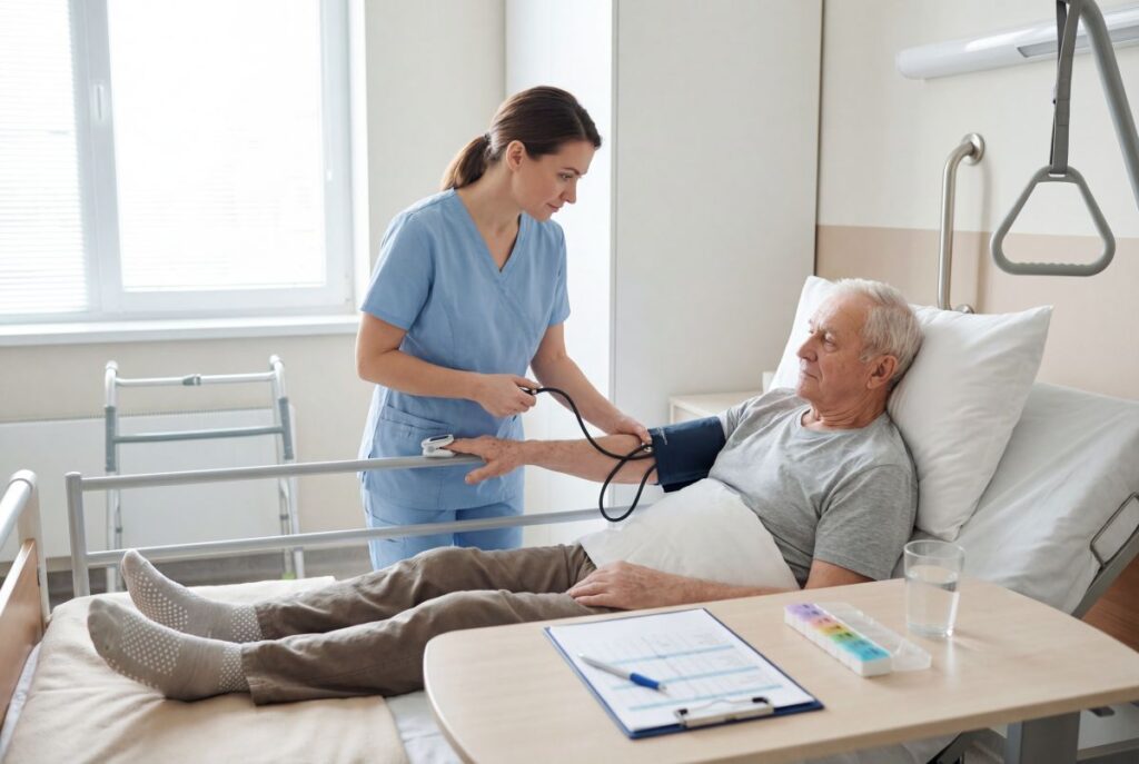 W jasnej sali szpitalnej pielęgniarka w niebieskim uniformie mierzy ciśnienie starszemu pacjentowi leżącemu w łóżku; obok stoi stolik z wodą i organizerem na leki, a w tle widać balkonik.