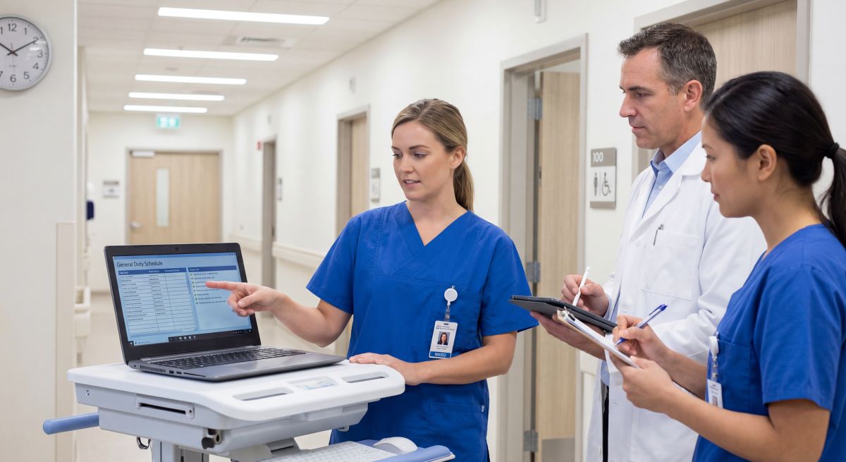 W szpitalnym korytarzu pielęgniarka w niebieskim uniformie wskazuje na laptopie grafik dyżurów na wózku komputerowym, a obok lekarz w fartuchu i druga pielęgniarka robią notatki na tabletach i kartce.