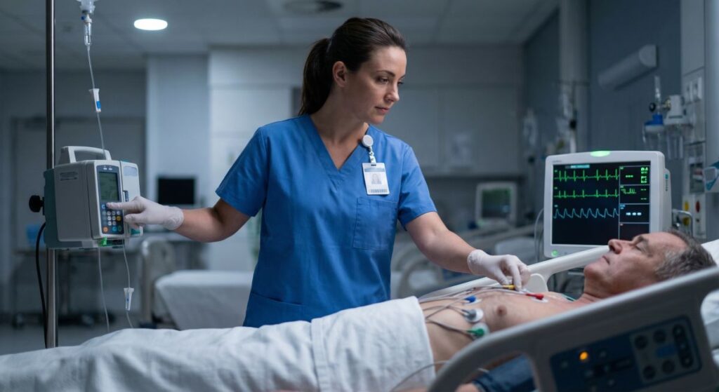 Na oddziale intensywnej opieki pielęgniarka w niebieskim uniformie i rękawiczkach reguluje pompę infuzyjną oraz sprawdza elektrody EKG na klatce piersiowej pacjenta; obok łóżka świeci monitor z zapisem pracy serca.
