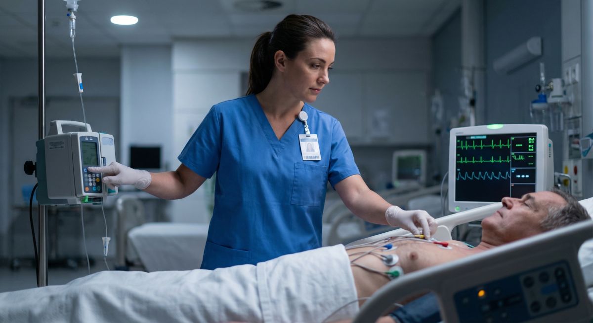 Na oddziale intensywnej opieki pielęgniarka w niebieskim uniformie i rękawiczkach reguluje pompę infuzyjną oraz sprawdza elektrody EKG na klatce piersiowej pacjenta; obok łóżka świeci monitor z zapisem pracy serca.
