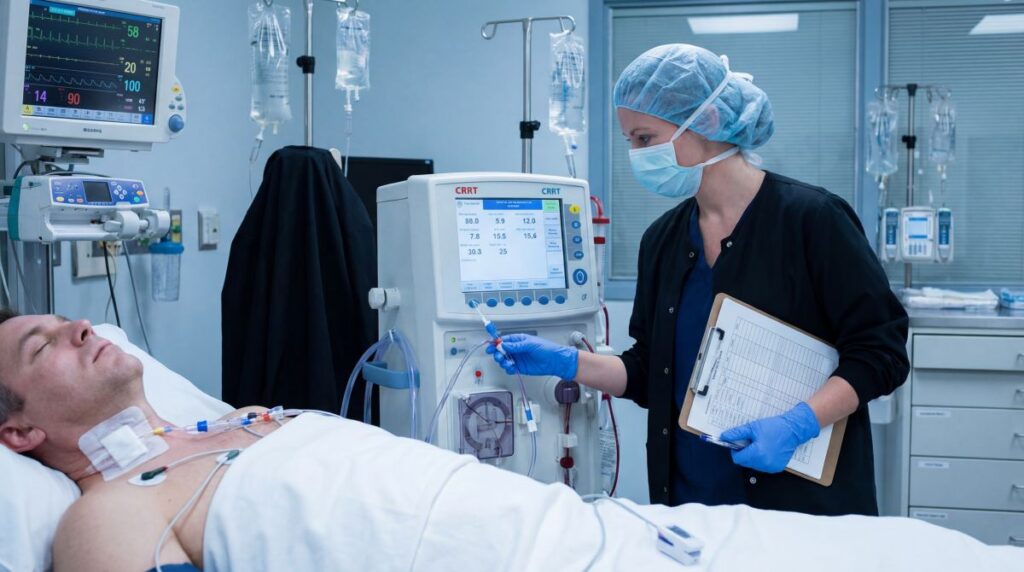 Pielęgniarka nefrologiczna obsługuje aparat do dializy przy łóżku pacjenta z cewnikiem centralnym na oddziale intensywnej terapii.