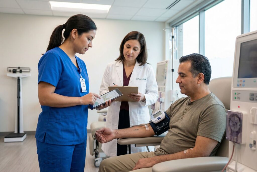 W sali dializ pielęgniarka w niebieskim uniformie omawia wyniki na tablecie z pacjentem siedzącym na fotelu z mankietem do pomiaru ciśnienia i wkłuciem w ręce; obok lekarka notuje na clipboardzie, a w tle widać sprzęt do dializoterapii.