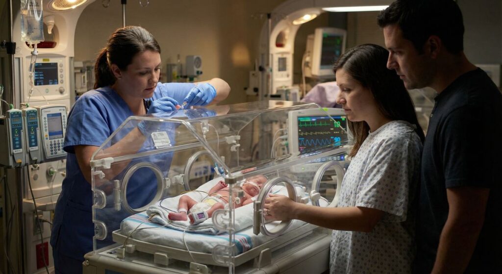 Na oddziale neonatologicznym pielęgniarka w niebieskim uniformie i rękawiczkach reguluje aparaturę przy inkubatorze z noworodkiem; obok stoją rodzice, obserwując dziecko, a w tle widać monitory parametrów i sprzęt intensywnej opieki.