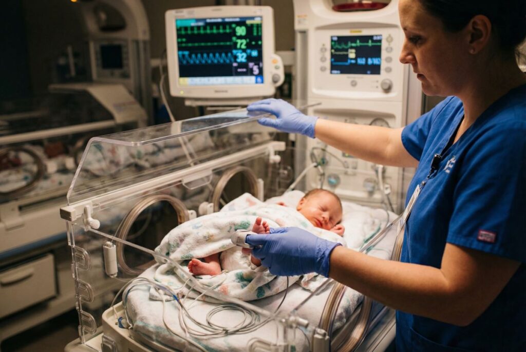 Pielęgniarka neonatologiczna w niebieskim uniformie dogląda noworodka w inkubatorze, reguluje aparaturę i monitoruje parametry życiowe dziecka na ekranach monitorów.