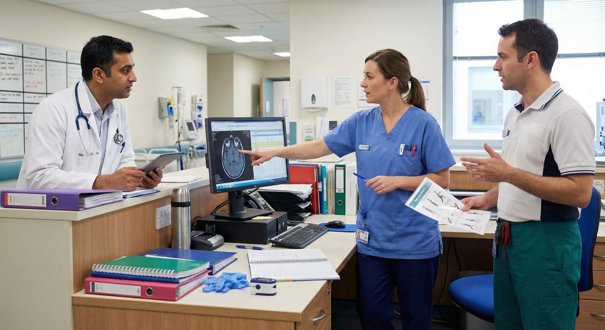 Pielęgniarka neurologiczna przy stanowisku pielęgniarskim omawia z lekarzem i fizjoterapeutą wynik tomografii głowy wyświetlony na monitorze komputera na oddziale neurologii.