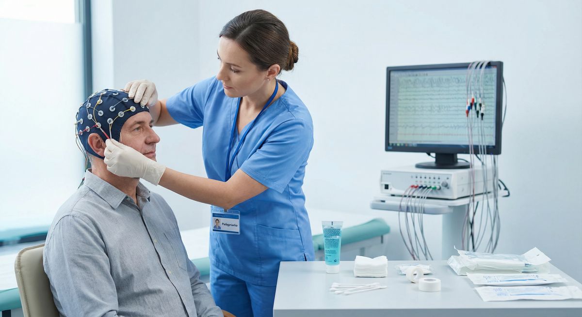 Pielęgniarka w niebieskim uniformie zakłada pacjentowi czepek z elektrodami do badania EEG; w tle monitor z zapisem fal mózgowych oraz przewody aparatury.