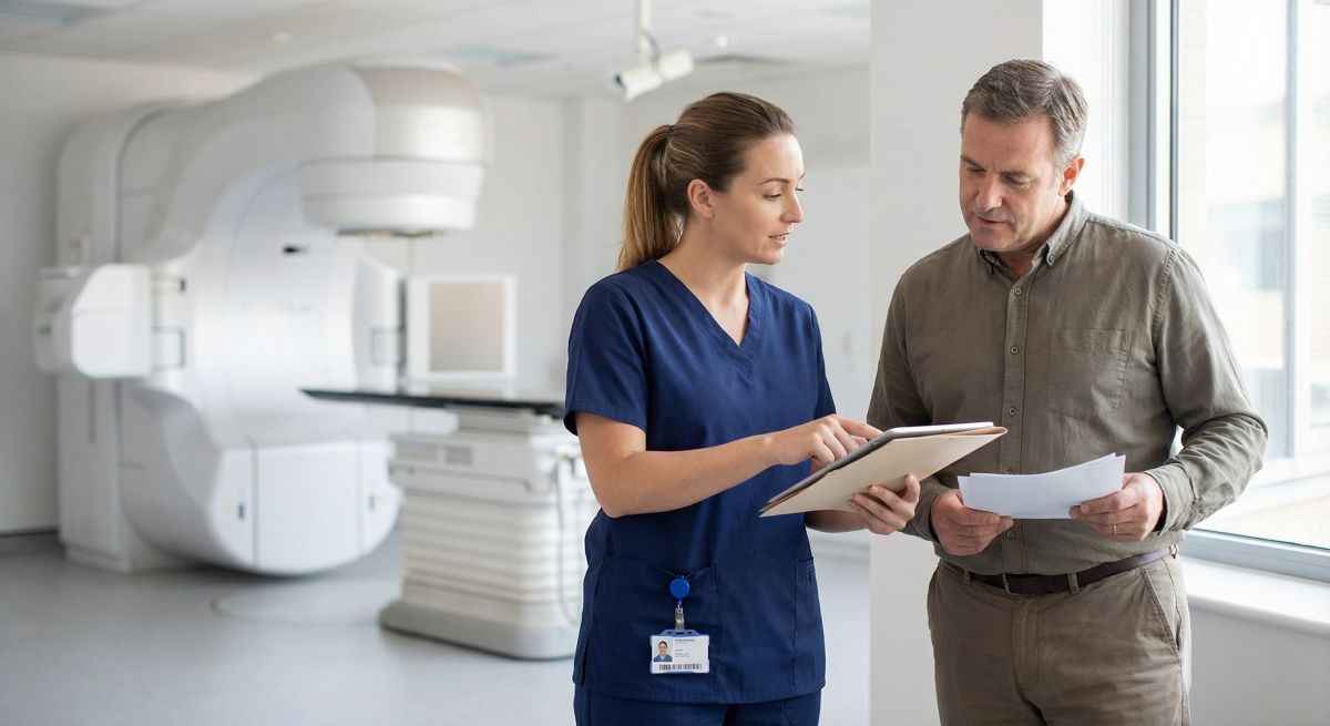 Pielęgniarka w granatowym uniformie omawia z pacjentem dokumenty, wskazując coś na teczce; w tle widać salę radioterapii z dużym aparatem do naświetlań.