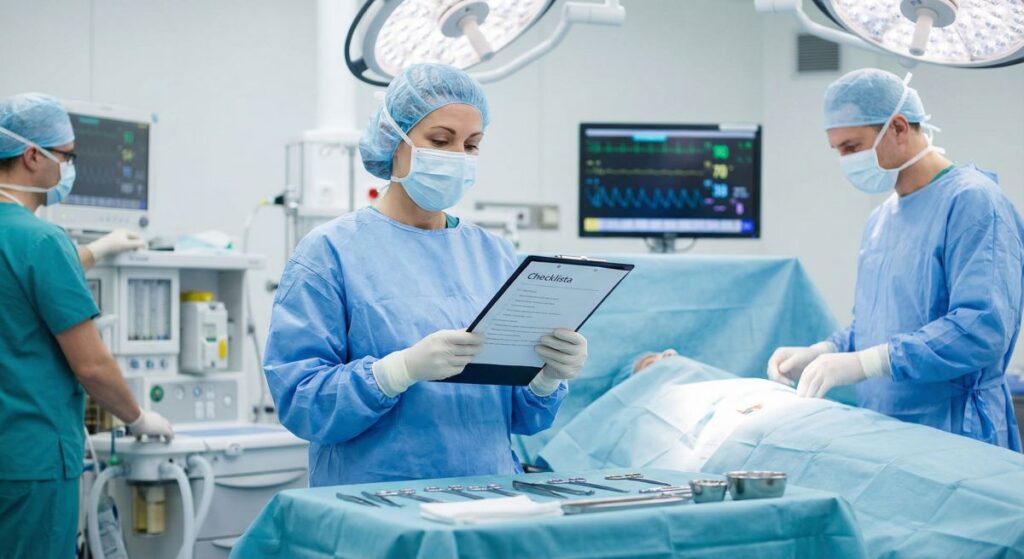 Sala operacyjna: pielęgniarka w czepku i maseczce sprawdza listę kontrolną na podkładce, a obok lekarze w sterylnych fartuchach przygotowują pacjenta na stole; na pierwszym planie leżą narzędzia chirurgiczne, w tle monitor parametrów życiowych.