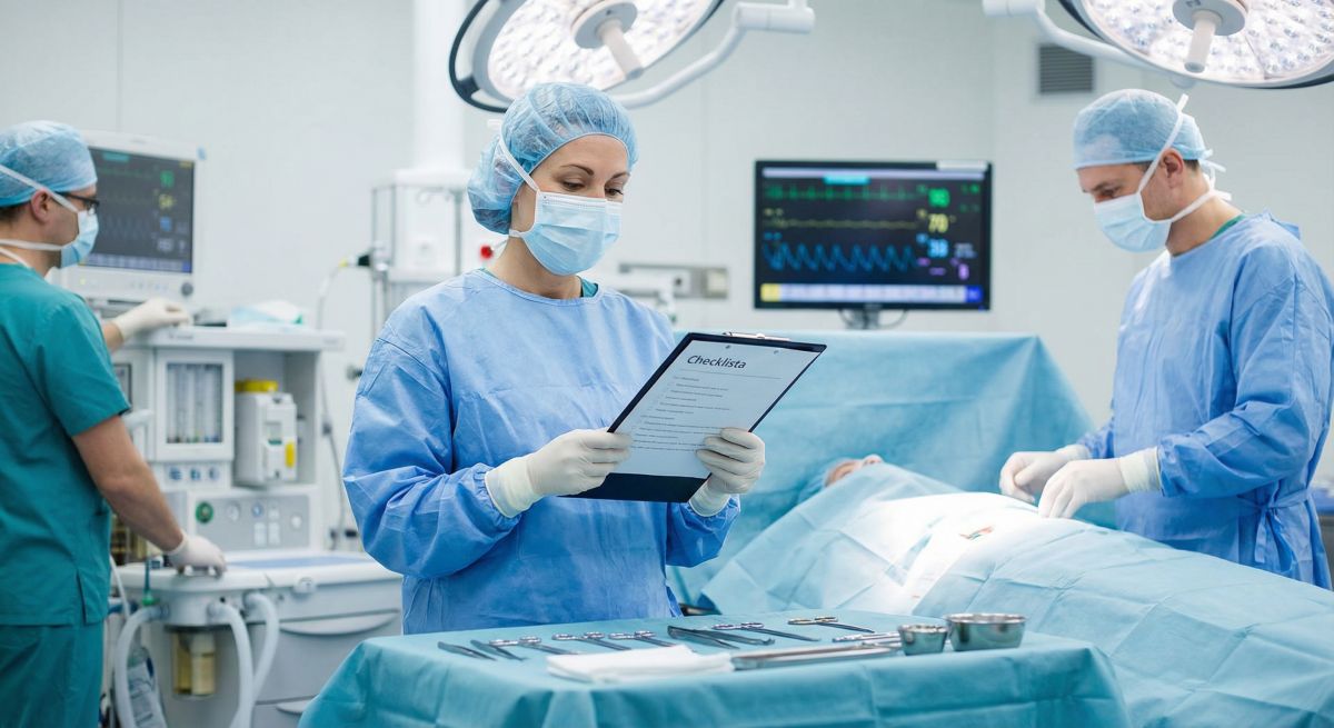 Sala operacyjna: pielęgniarka w czepku i maseczce sprawdza listę kontrolną na podkładce, a obok lekarze w sterylnych fartuchach przygotowują pacjenta na stole; na pierwszym planie leżą narzędzia chirurgiczne, w tle monitor parametrów życiowych.
