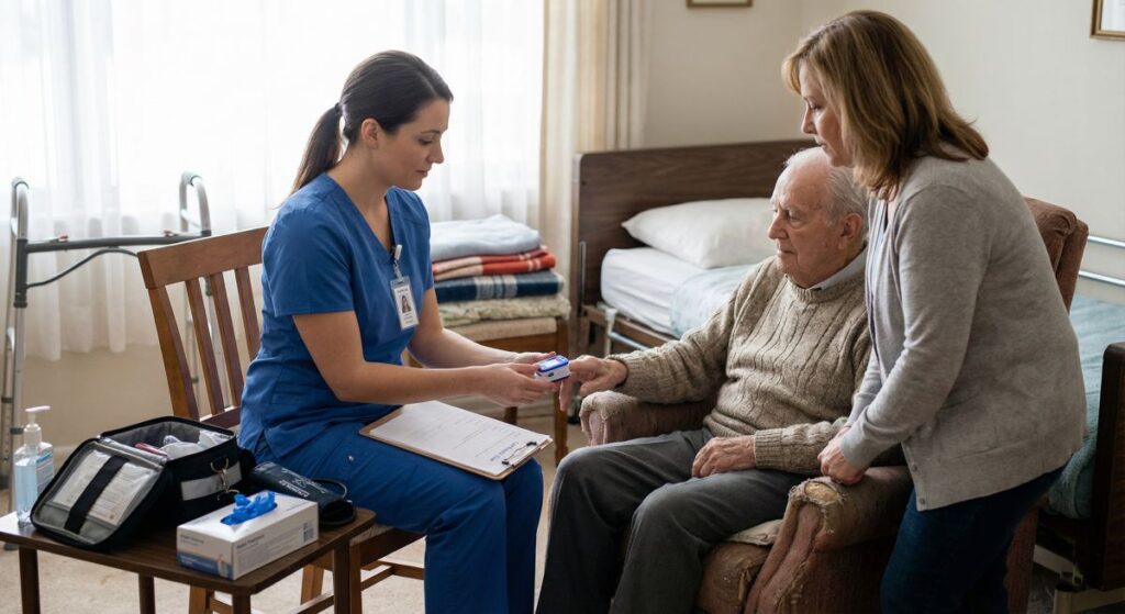 Pielęgniarka w niebieskim uniformie wykonuje pomiar saturacji pulsoksymetrem u starszego mężczyzny siedzącego w fotelu, a obok stoi opiekunka; w tle łóżko i sprzęt do opieki domowej.